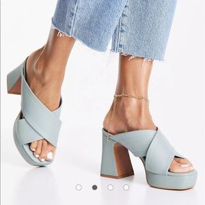 ASOS DESIGN Hail cross strap platform heeled mules in sage green, size 8